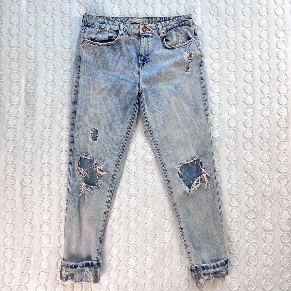 Zara Jeans Women's Sz 6 Premium Wash Denim Trafaluc Boyfriend Distressed TRF